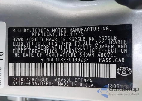 2016 Toyota Camry Le из США, поврежденный, VIN 4T1BF1FKXGU169267